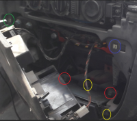 Grün: Schraube unter Schaltsack<br />Blau: Schraube unter Zettelhalter<br />Rot: Schrauben hinter Ablagefach<br />Gelb: Schrauben für Getränkehalter (eine nicht sichtbar)